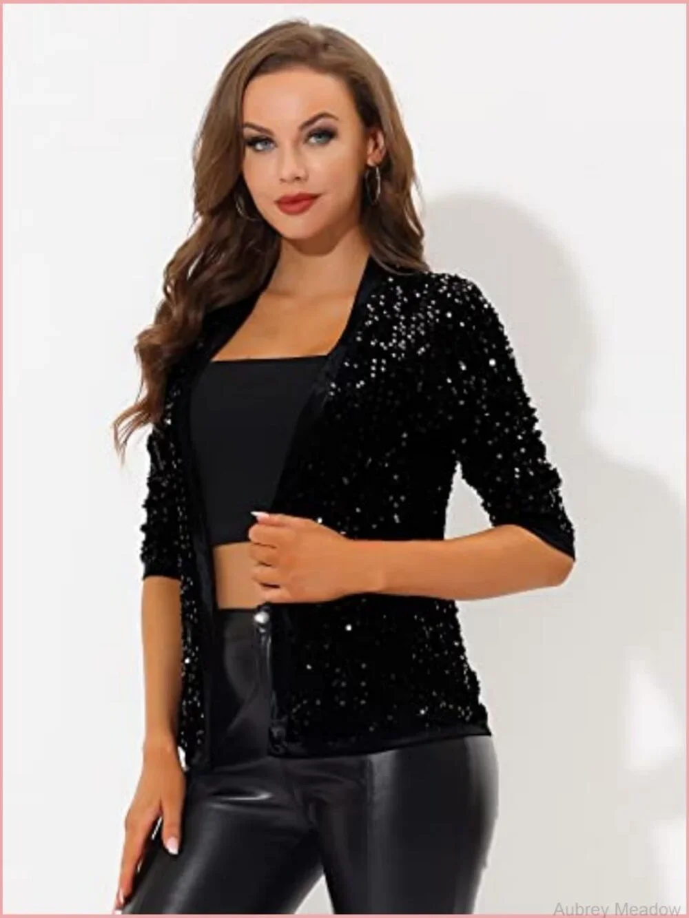 Sequin Cardigan 3/4 Sleeve Open Front Velvet Sparkle Jacket Party Glitter Blazer